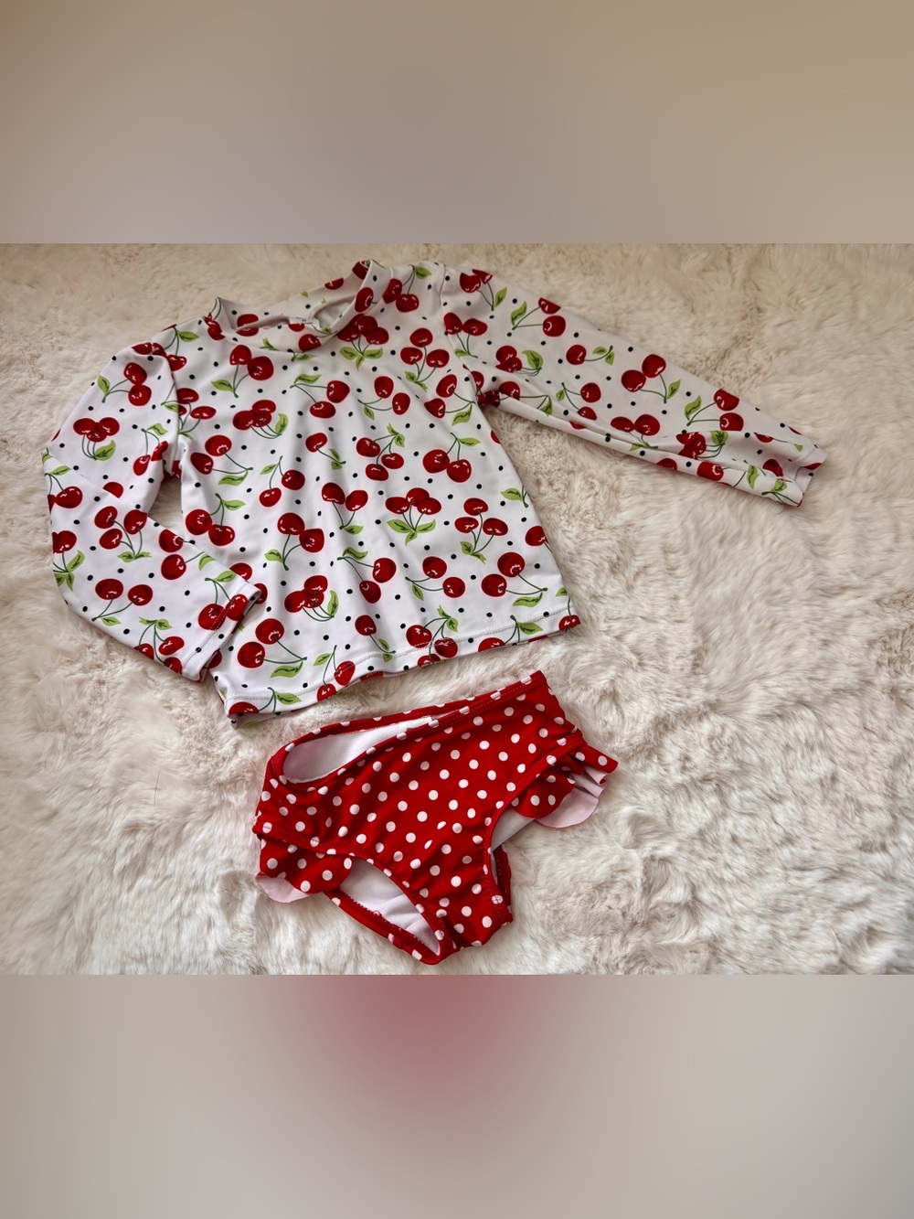 Retro Cherry and Polka Dot long sleeve bikini set, 2T